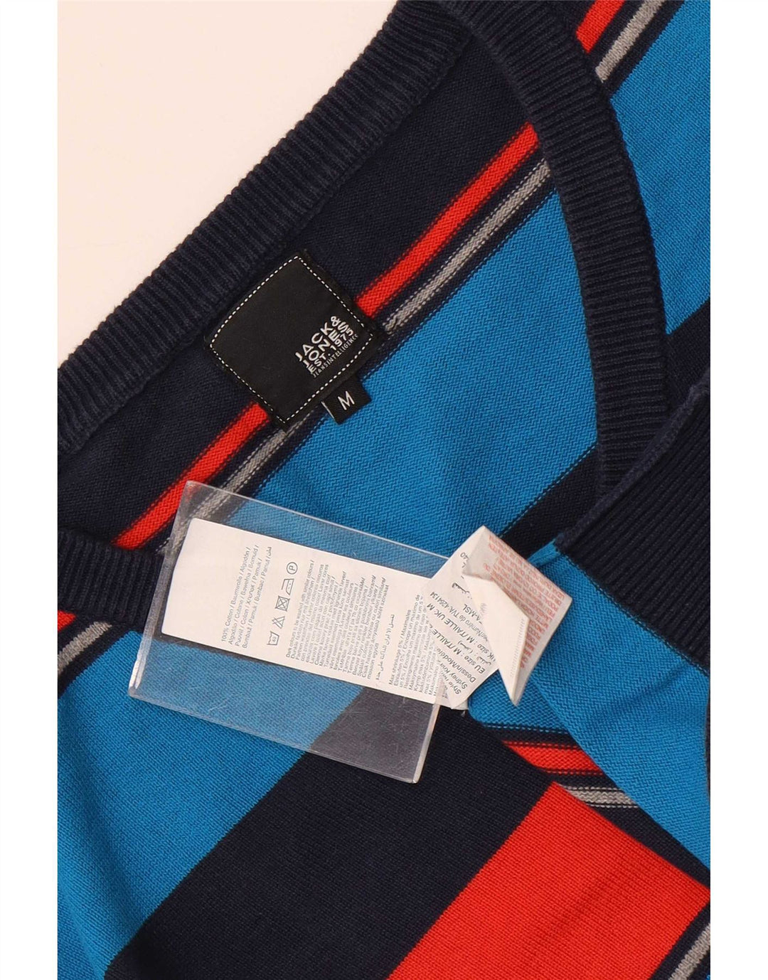 Jack & Jones Mens V-Neck Jumper Sweater Medium Multicoloured Striped Cotton