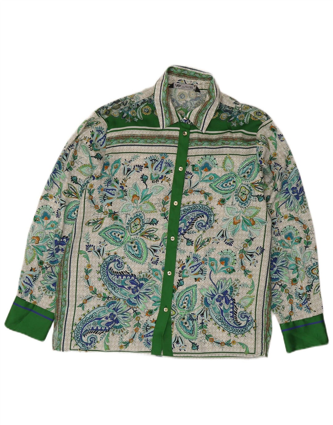 ZARA Womens Shirt Blouse UK 14 Medium Green Paisley Polyester