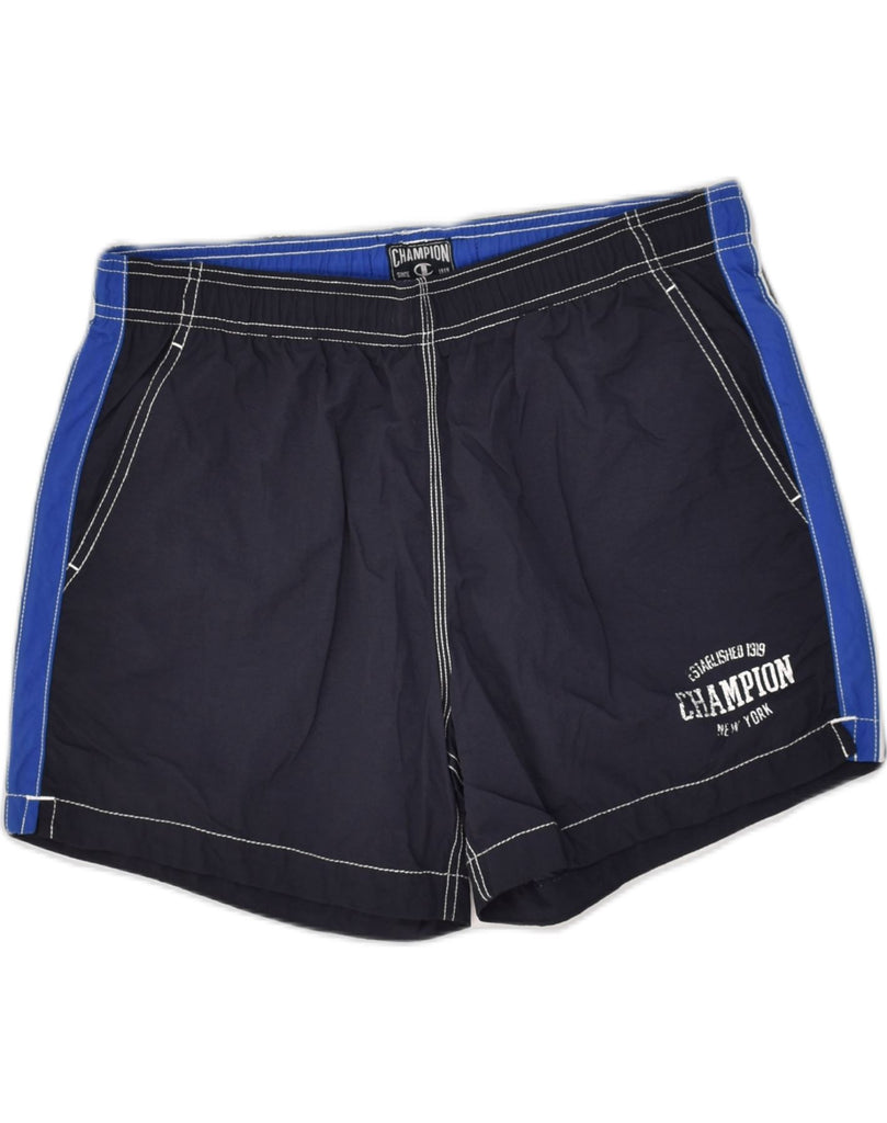 CHAMPION Mens Sport Shorts Large Navy Blue Colourblock Polyester | Vintage Champion | Thrift | Second-Hand Champion | Used Clothing | Messina Hembry 