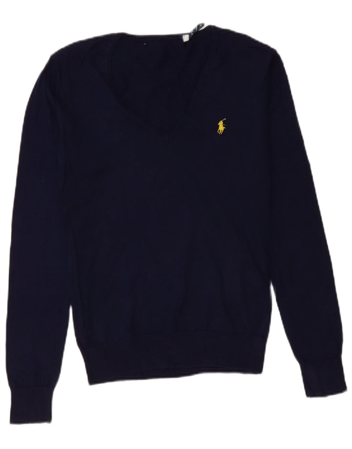 Ralph Lauren Womens V-Neck Jumper Sweater UK 12 Medium Navy Blue Cotton