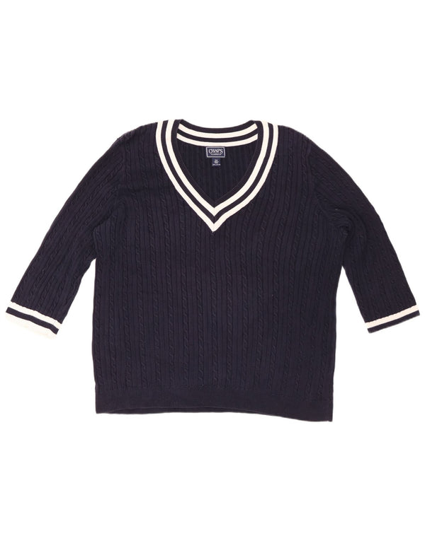 CHAPS Womens 3/4 Sleeve V-Neck Jumper Sweater UK 20 2XL Navy Blue Cotton