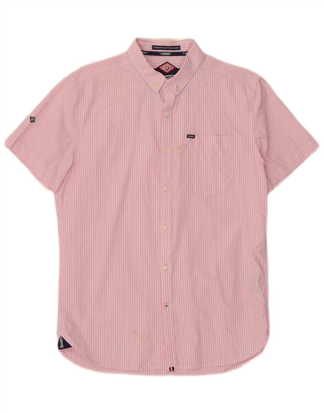 Superdry Mens Short Sleeve Shirt Large Pink Striped Cotton