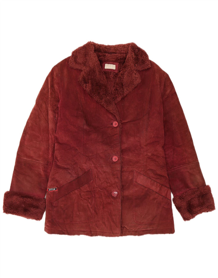 VINTAGE Womens Sherpa Suede Jacket UK 14 Medium Burgundy Leather