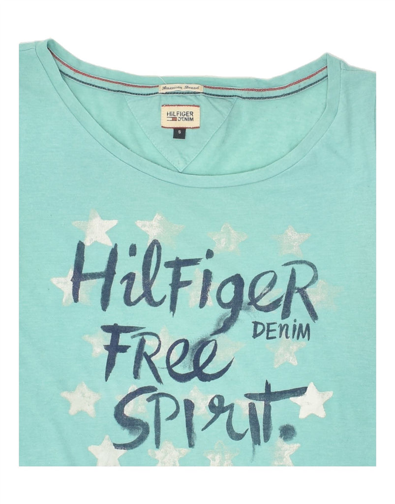 TOMMY HILFIGER Womens Graphic T-Shirt Top UK 10 Small Turquoise Cotton Vintage Tommy Hilfiger and Second-Hand Tommy Hilfiger from Messina Hembry 