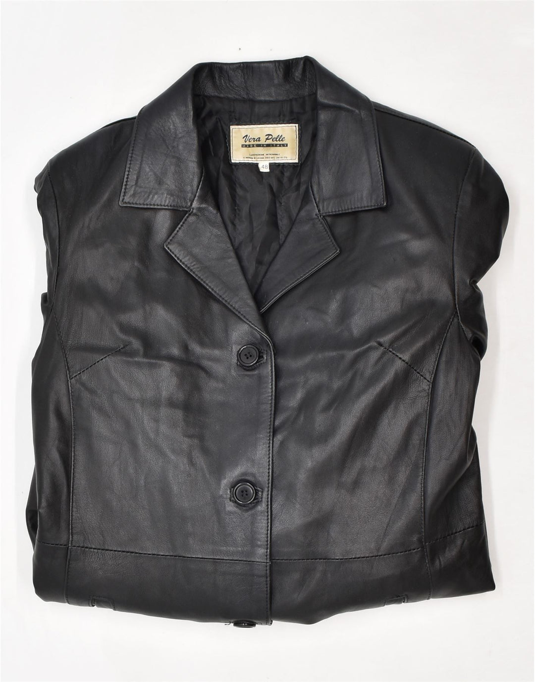 VINTAGE Womens Leather Coat IT 48 XL Black Leather