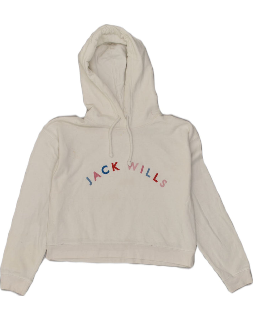 JACK WILLS Womens Graphic Crop Hoodie Jumper UK 8 Small  White Cotton | Vintage Jack Wills | Thrift | Second-Hand Jack Wills | Used Clothing | Messina Hembry 