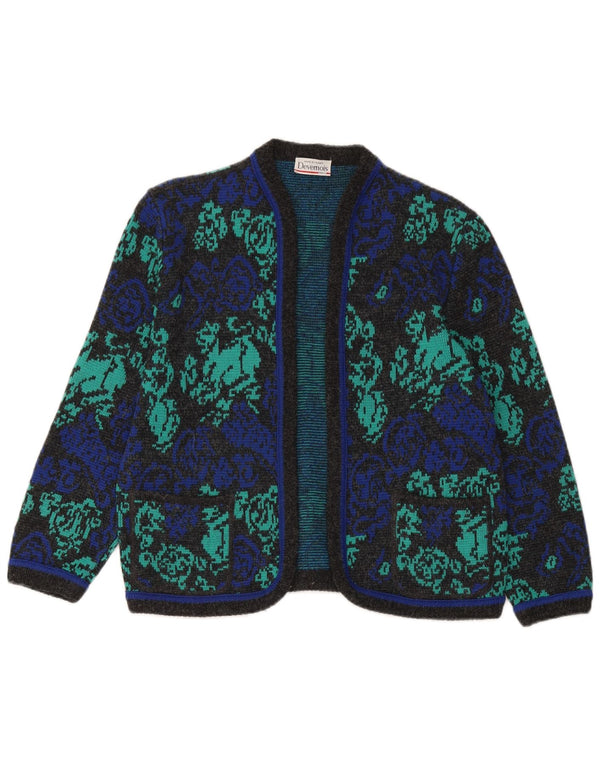 Devernois Paris Womens 3/4 Sleeve Cardigan Sweater UK 14 Medium Blue Floral