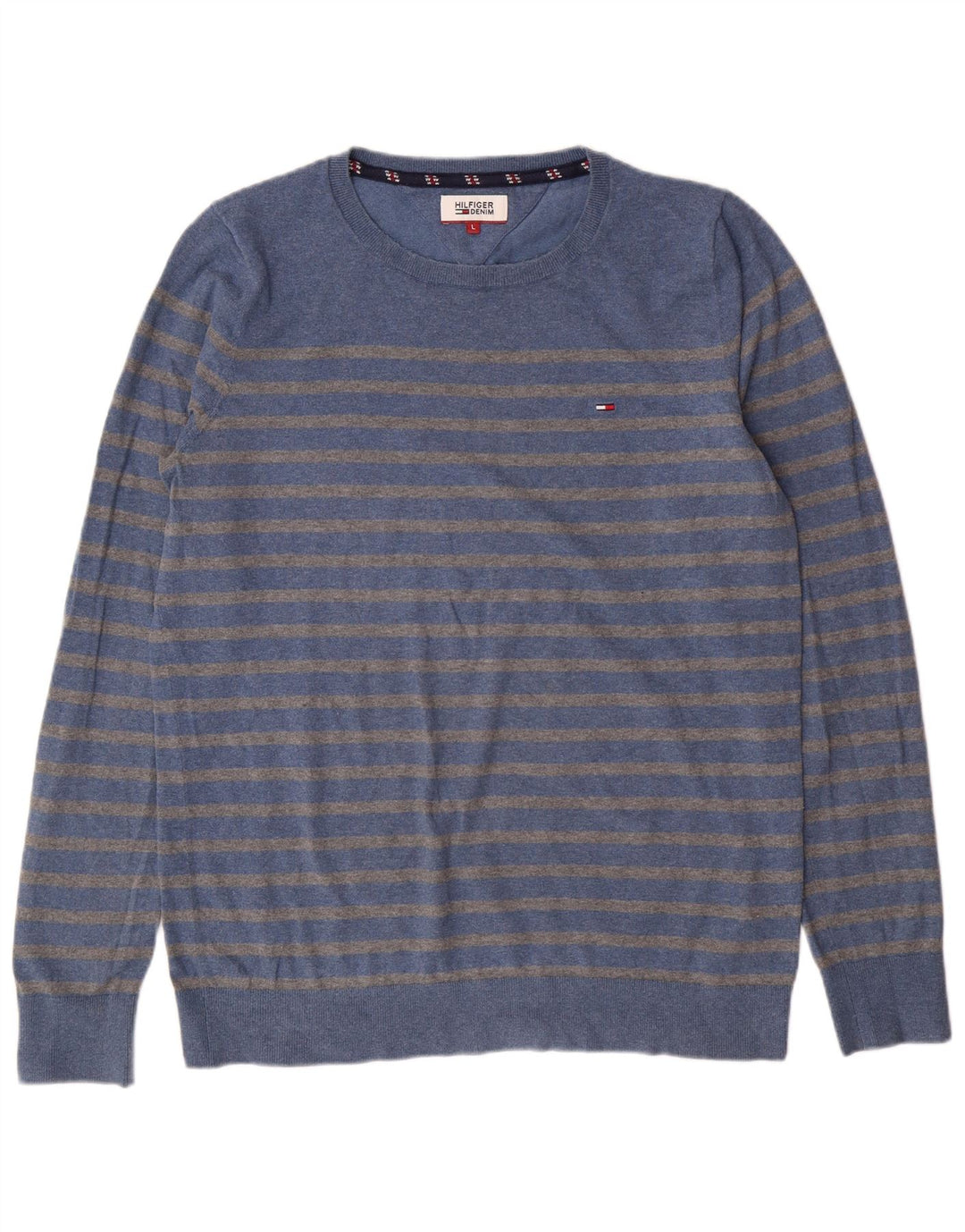 Tommy Hilfiger Mens Crew Neck Jumper Sweater Large Blue Striped Cotton