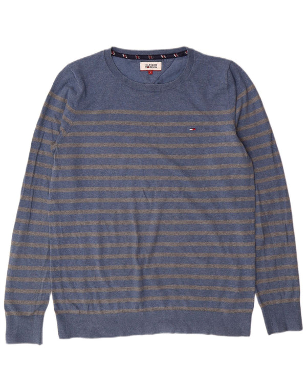 Tommy Hilfiger Mens Crew Neck Jumper Sweater Large Blue Striped Cotton