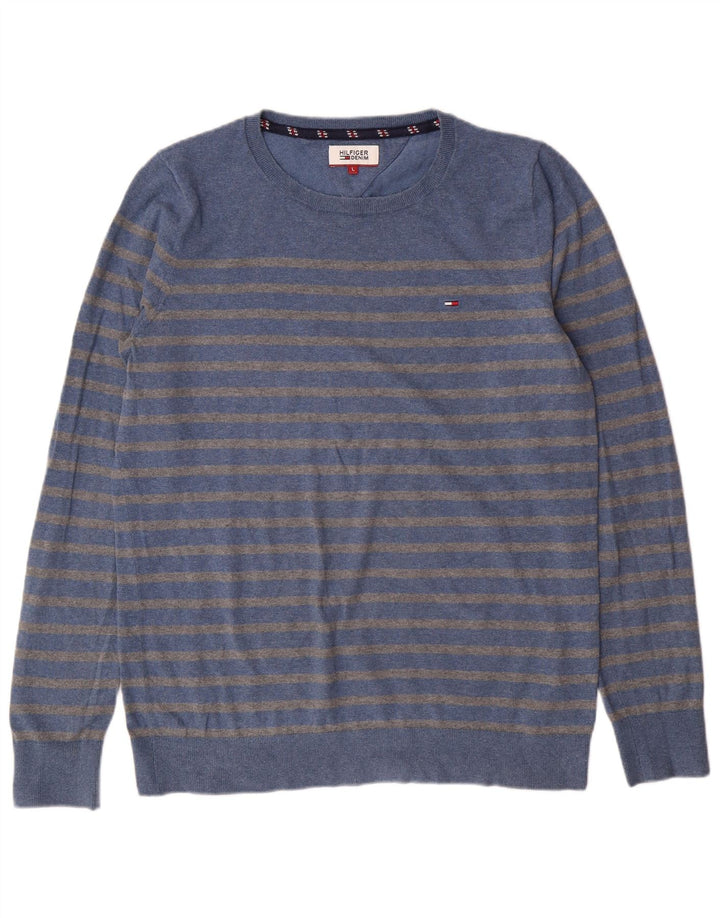 Tommy Hilfiger Mens Crew Neck Jumper Sweater Large Blue Striped Cotton