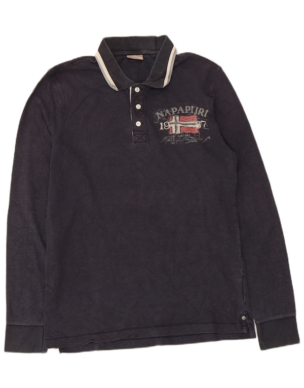 Napapijri Mens Graphic Long Sleeve Polo Shirt Medium Navy Blue Cotton