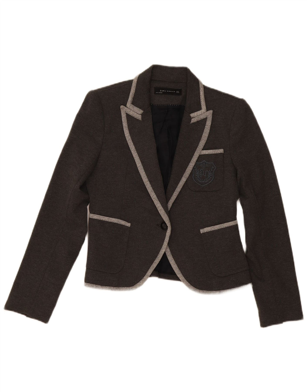Zara Womens Crop 1 Button Blazer Jacket UK 10 Small Grey Polyester