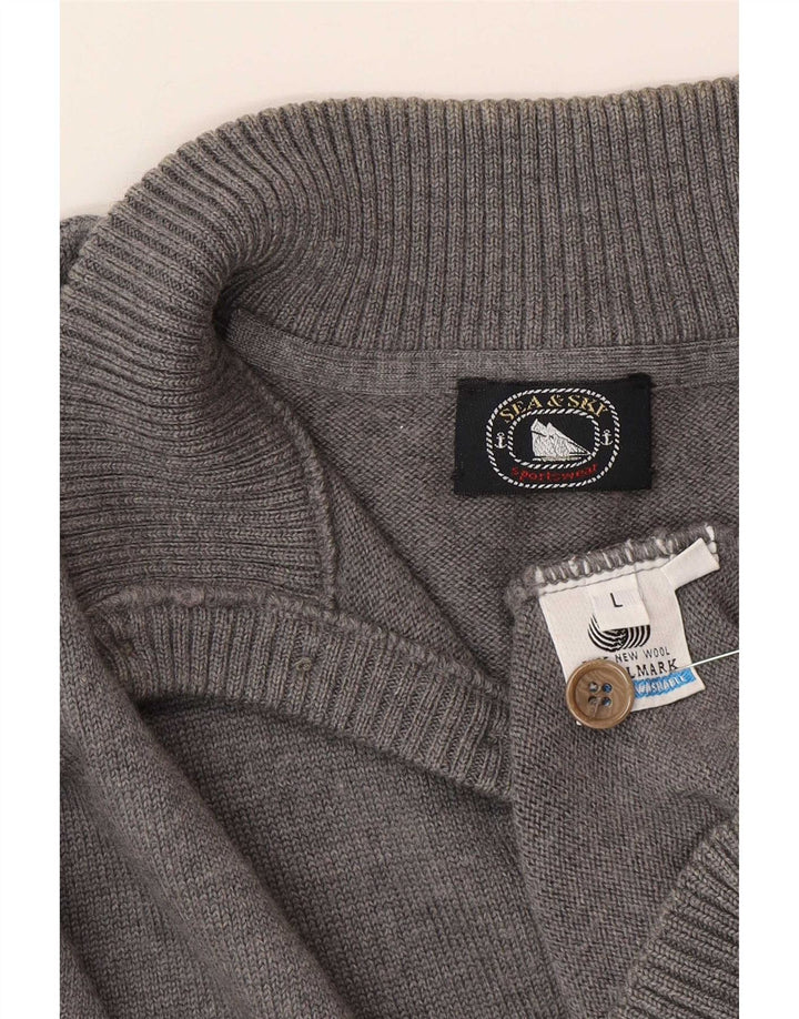 Sea & Sky Mens Button Neck Jumper Sweater Large Grey Wool