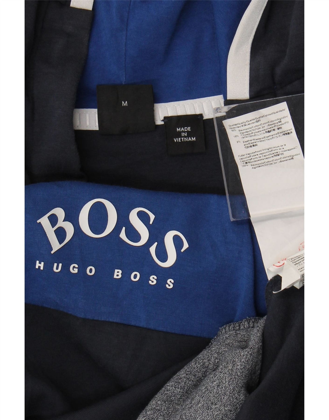 Hugo Boss Mens Graphic Hoodie Jumper Medium Navy Blue Colourblock Cotton