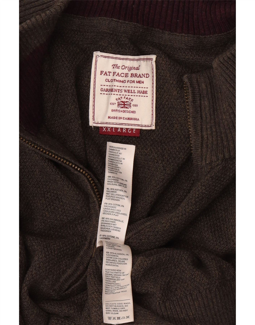 FAT FACE Mens Zip Neck Jumper Sweater 2XL Brown Cotton Vintage Fat Face and Second-Hand Fat Face from Messina Hembry 