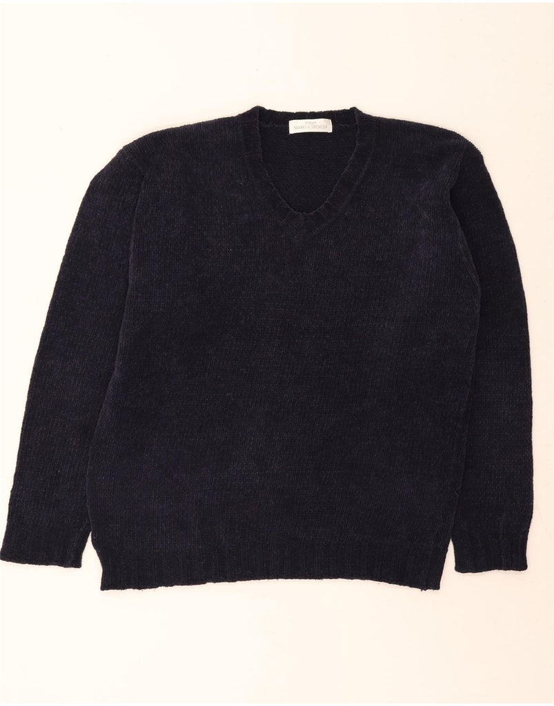 MARKS & SPENCER Mens V-Neck Jumper Sweater Medium Navy Blue Cotton Vintage Marks & Spencer and Second-Hand Marks & Spencer from Messina Hembry 