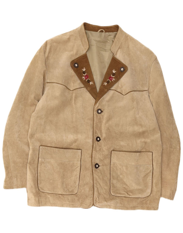 Vintage Mens Trachten 3 Button Suede Blazer Jacket EU 54 2XL Beige Floral