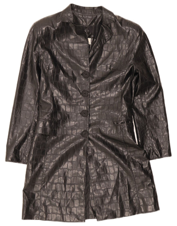 Vintage Womens Leather Coat UK 10 Small Black Animal Print