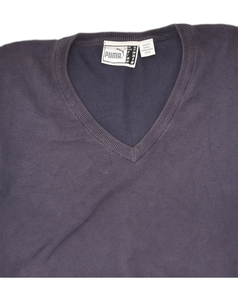 PUMA Womens V-Neck Jumper Sweater UK 8 Small Navy Blue Cotton | Vintage Puma | Thrift | Second-Hand Puma | Used Clothing | Messina Hembry 