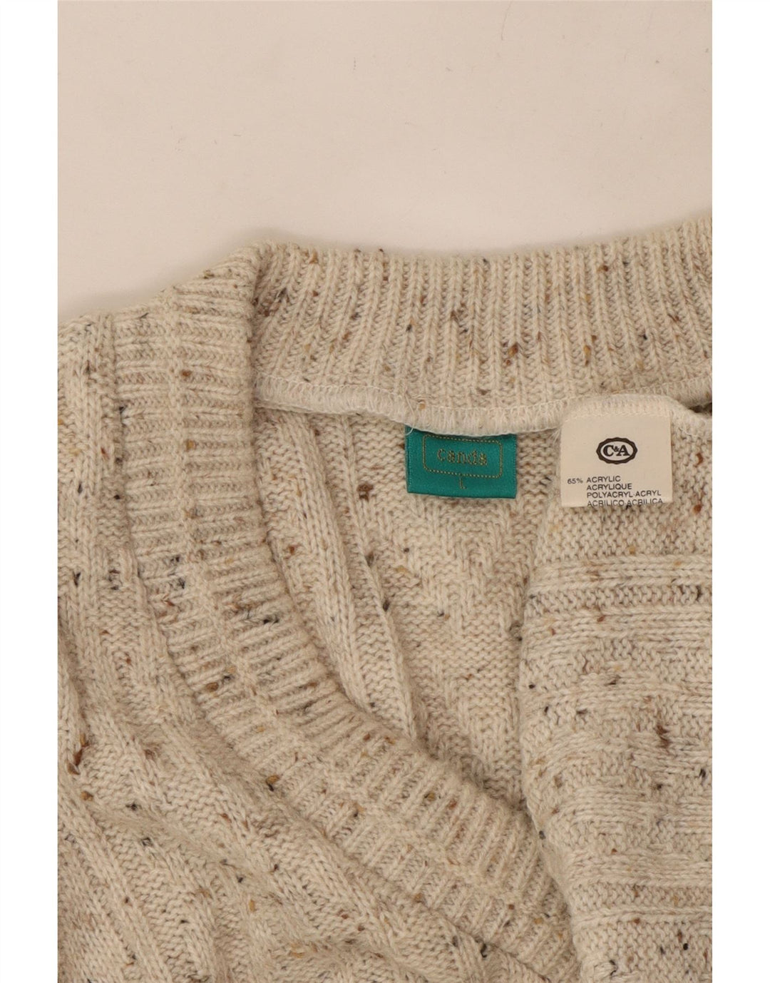 CANDA Mens V-Neck Jumper Sweater Large Beige Flecked Acrylic