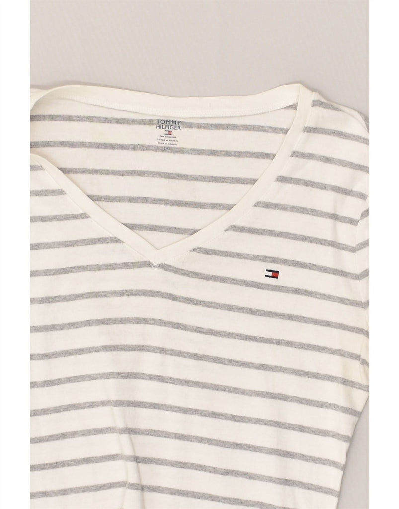 TOMMY HILFIGER Womens Top Long Sleeve UK 14 Large White Striped Cotton | Vintage Tommy Hilfiger | Thrift | Second-Hand Tommy Hilfiger | Used Clothing | Messina Hembry 