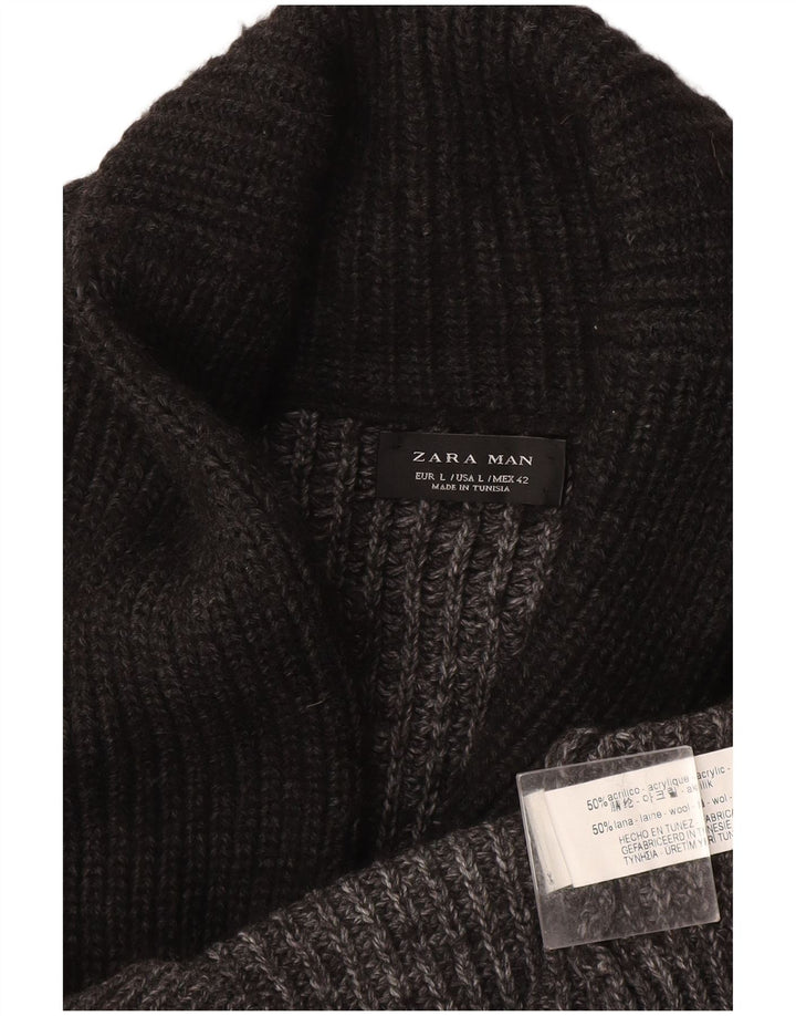 Zara Mens Cardigan Sweater Large Grey Flecked Acrylic
