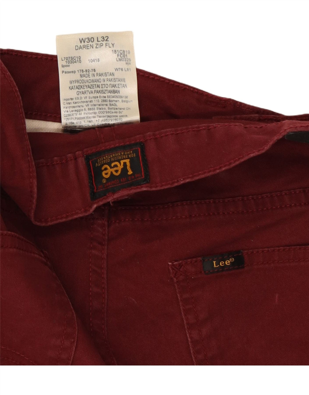 LEE Mens Daren Zip Fly Slim Jeans W30 L32 Burgundy Cotton