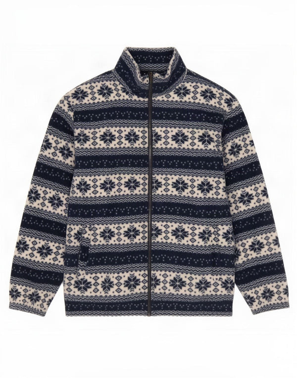 Vintage Womens Fleece Jacket UK 18 XL Navy Blue Fair Isle Cotton