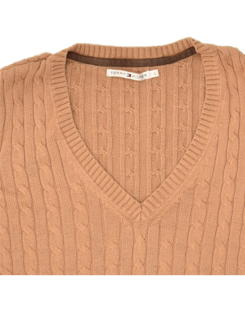 TOMMY HILFIGER Womens V-Neck Jumper Sweater UK 14 Large Brown Cotton | Vintage Tommy Hilfiger | Thrift | Second-Hand Tommy Hilfiger | Used Clothing | Messina Hembry 