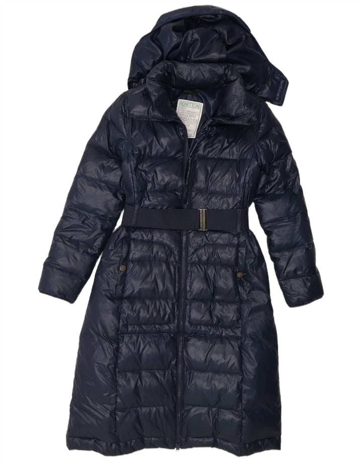 Benetton Womens Hooded Padded Coat IT 42 Medium Navy Blue Polyamide