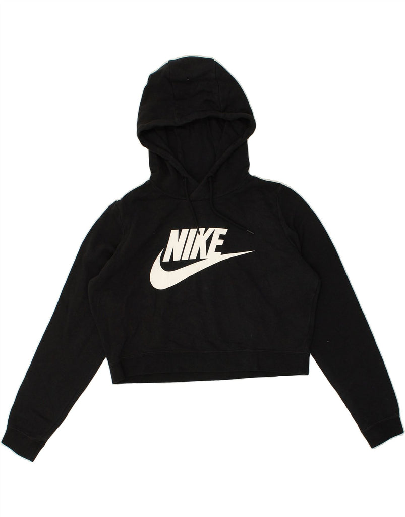 NIKE Womens Graphic Crop Hoodie Jumper UK 14 Medium Black Cotton | Vintage Nike | Thrift | Second-Hand Nike | Used Clothing | Messina Hembry 