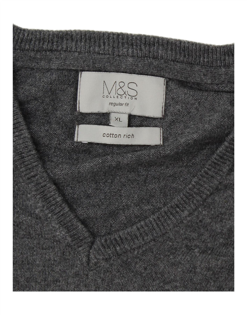 MARKS & SPENCER Mens Regular Fit V-Neck Jumper Sweater XL Grey Cotton Vintage Marks & Spencer and Second-Hand Marks & Spencer from Messina Hembry 