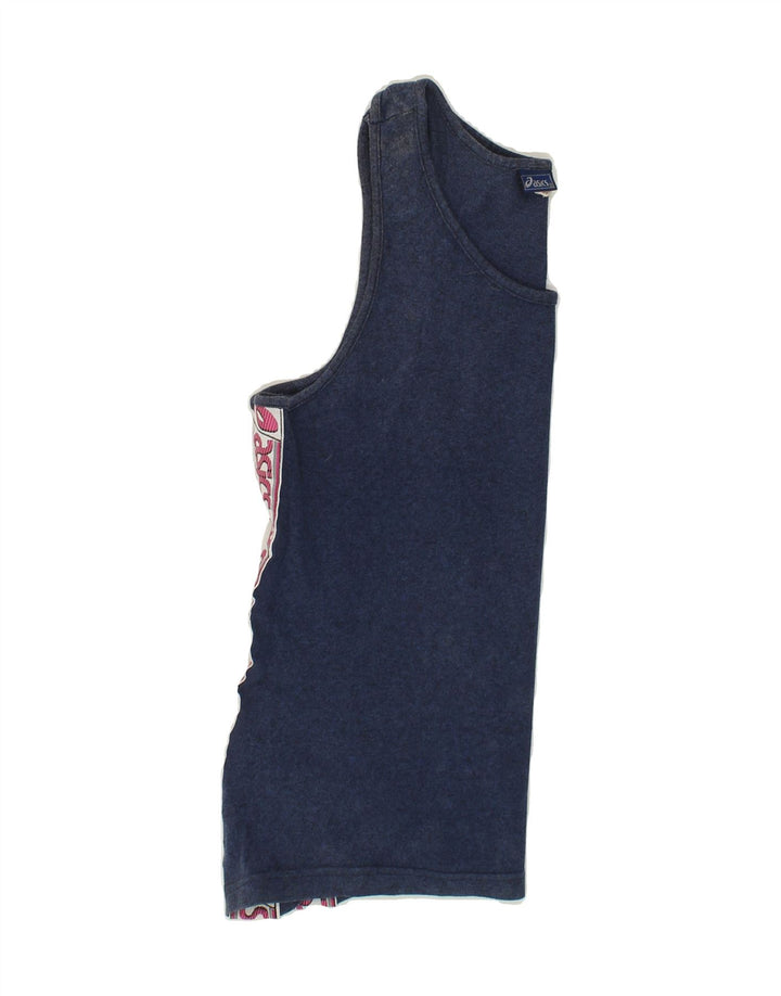 ASICS Womens Graphic Vest Top UK 12 Medium Navy Blue Cotton Vintage Asics and Second-Hand Asics from Messina Hembry 