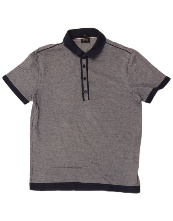 Hugo Boss Mens Slim Fit Polo Shirt Large Navy Blue Pinstripe Cotton