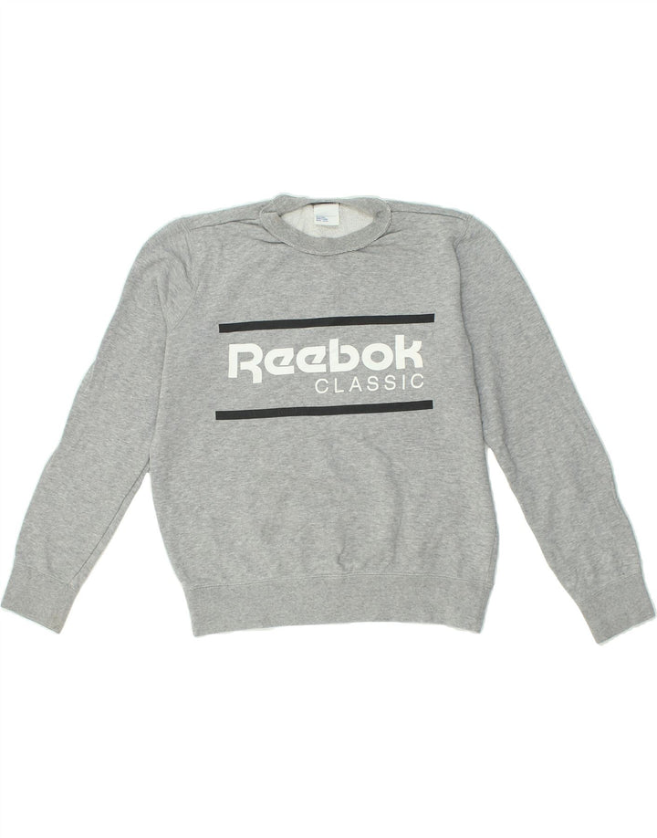 REEBOK Womens Graphic Sweatshirt Jumper UK 14 Medium Grey Cotton | Vintage Reebok | Thrift | Second-Hand Reebok | Used Clothing | Messina Hembry 