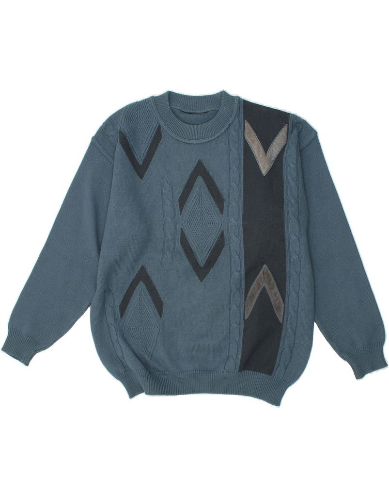 VINTAGE Mens Abstract Pattern Crew Neck Jumper Sweater XS Blue Colourblock | Vintage Vintage | Thrift | Second-Hand Vintage | Used Clothing | Messina Hembry 