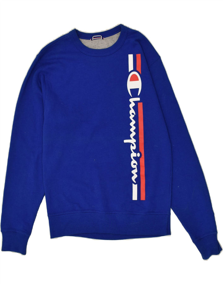 CHAMPION Mens Graphic Sweatshirt Jumper Small Blue Cotton | Vintage Champion | Thrift | Second-Hand Champion | Used Clothing | Messina Hembry 
