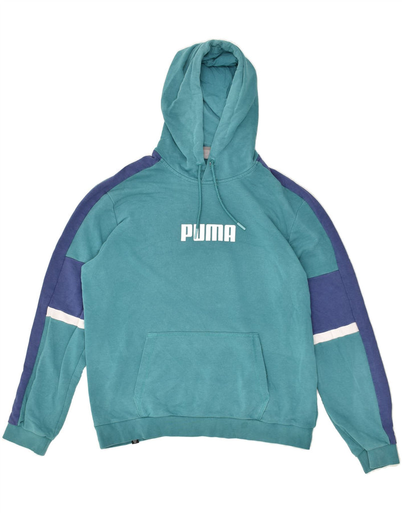 PUMA Mens Graphic Hoodie Jumper Large Blue Colourblock Cotton | Vintage Puma | Thrift | Second-Hand Puma | Used Clothing | Messina Hembry 