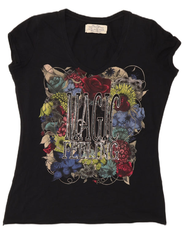 Zara Womens Graphic T-Shirt Top UK 18 XL Black Cotton