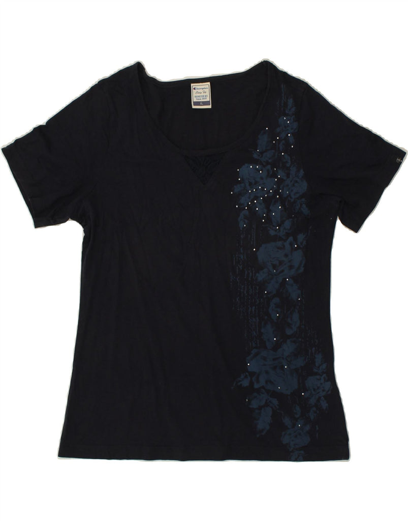 CHAMPION Womens Easy Fit T-Shirt Top UK 18 XL Navy Blue Floral Cotton | Vintage Champion | Thrift | Second-Hand Champion | Used Clothing | Messina Hembry 