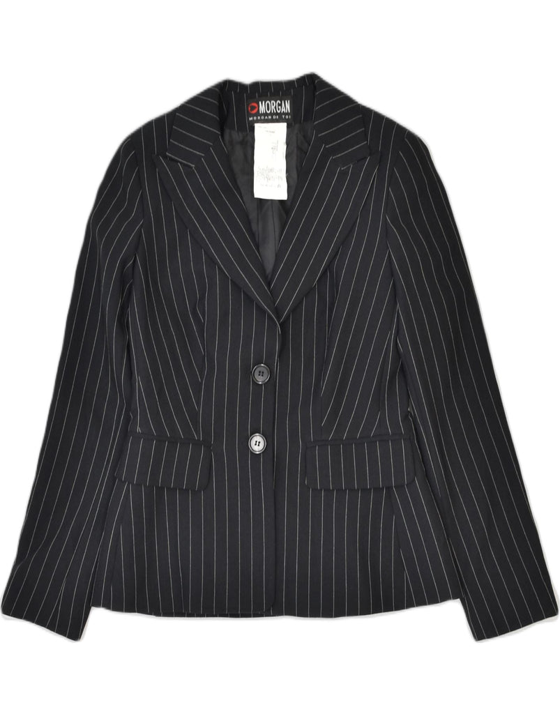 MORGAN Womens 2 Button Blazer Jacket UK 12 Medium Black Striped Acetate | Vintage | Thrift | Second-Hand | Used Clothing | Messina Hembry 