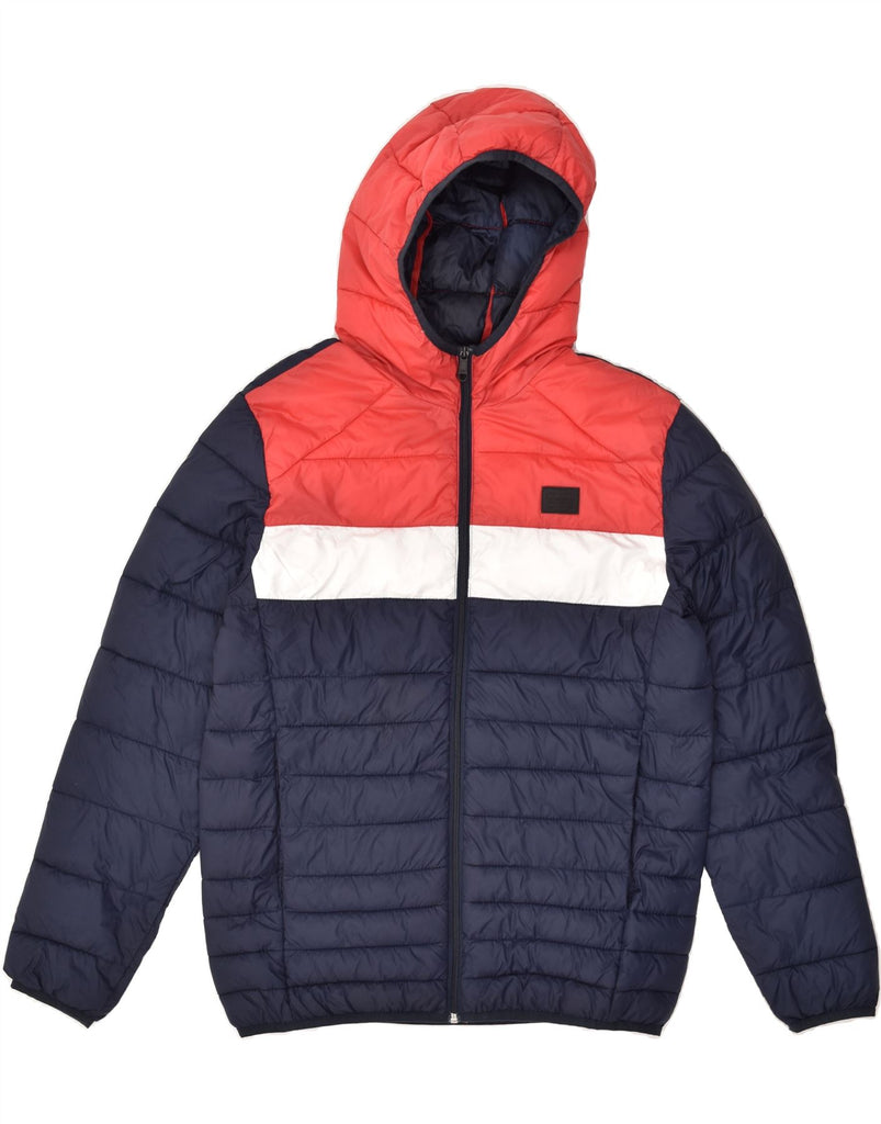 JACK & JONES Mens Hooded Padded Jacket UK 40 Large Navy Blue Colourblock | Vintage Jack & Jones | Thrift | Second-Hand Jack & Jones | Used Clothing | Messina Hembry 