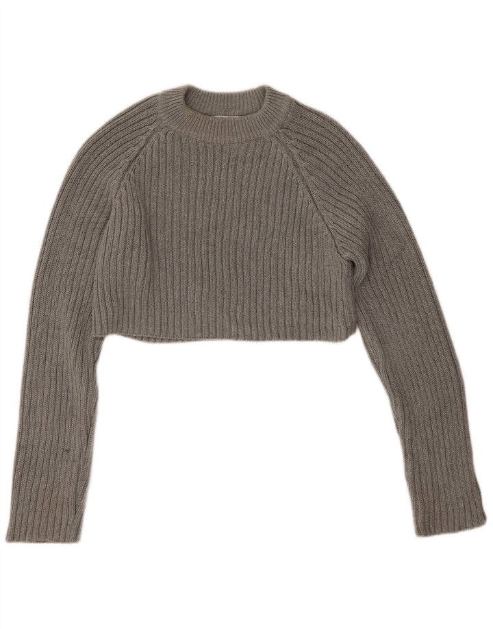 Zara Womens Crop Crew Neck Jumper Sweater UK 14 Medium Grey Cotton