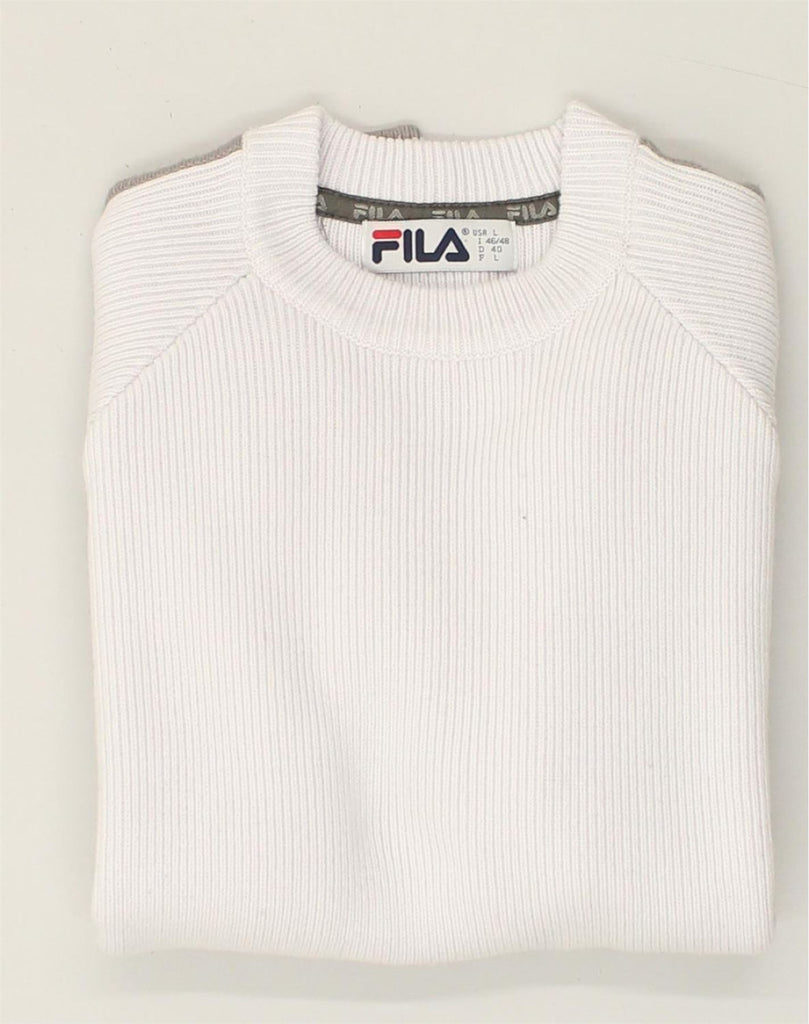 FILA Womens Crew Neck Jumper Sweater UK 14 Large Off White Acrylic | Vintage Fila | Thrift | Second-Hand Fila | Used Clothing | Messina Hembry 