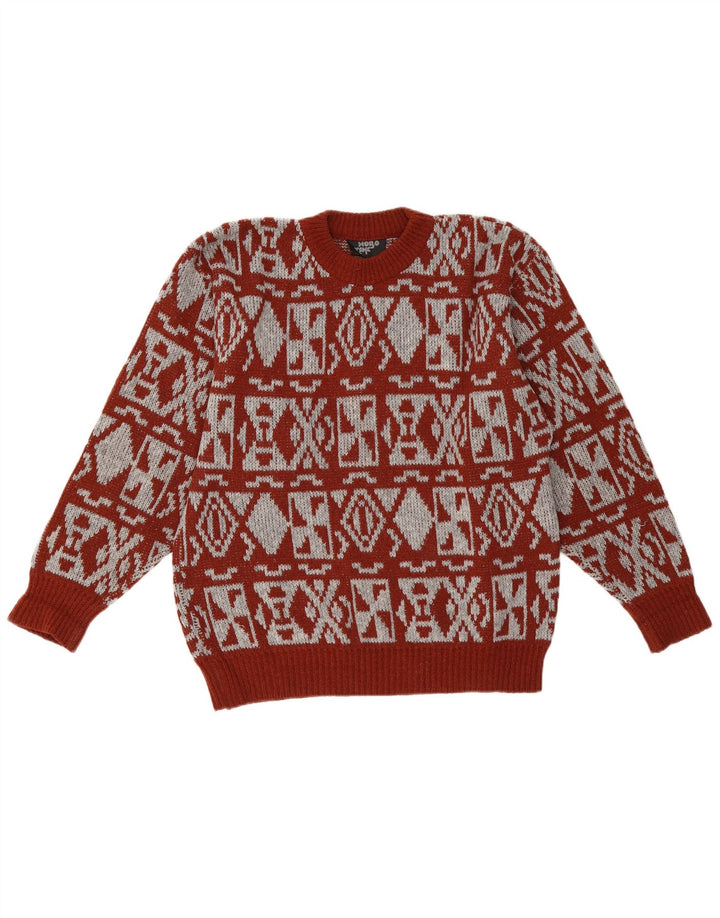 Vintage Mens Crew Neck Jumper Sweater Medium Red Geometric