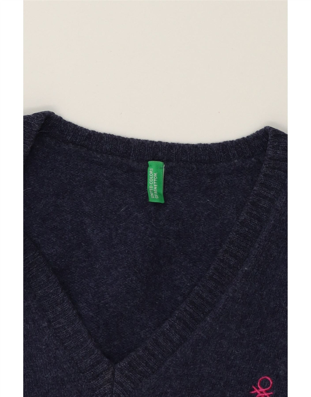 BENETTON Womens V-Neck Jumper Sweater UK 12 Medium Navy Blue Wool Vintage Benetton and Second-Hand Benetton from Messina Hembry 