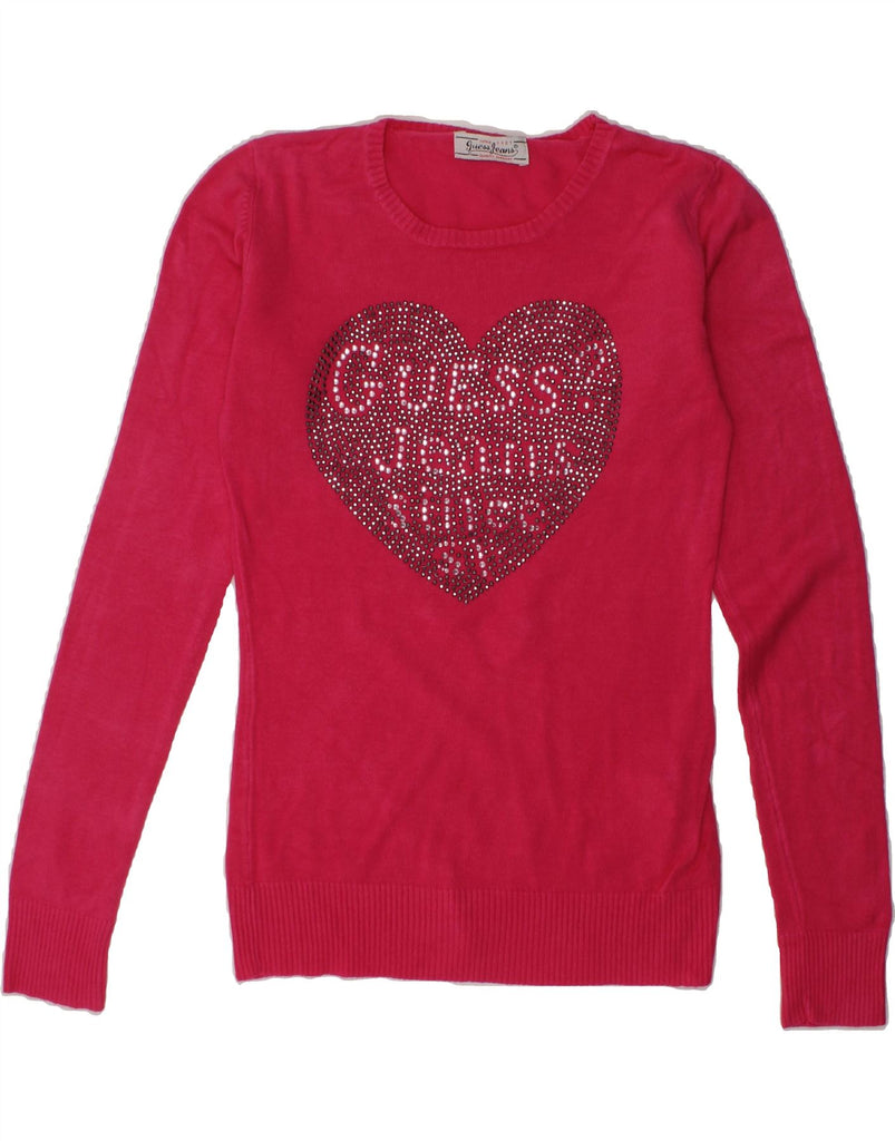 GUESS Girls Graphic Crew Neck Jumper Sweater 9-10 Years Pink Geometric | Vintage Guess | Thrift | Second-Hand Guess | Used Clothing | Messina Hembry 