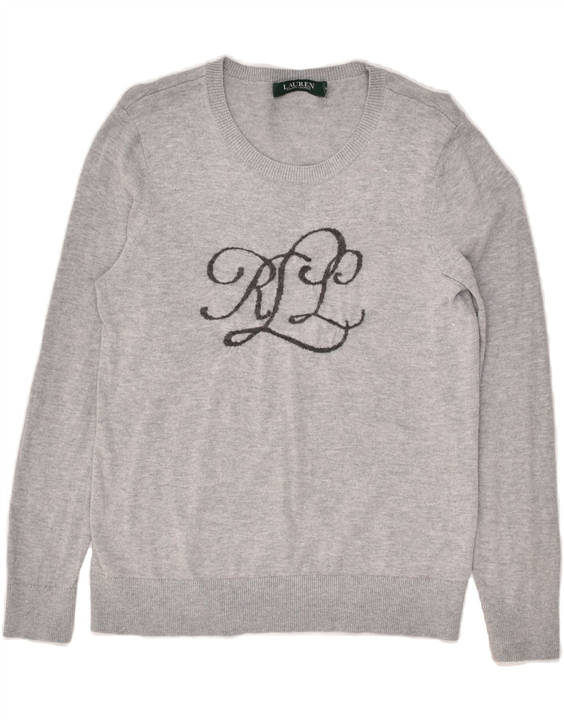 RALPH LAUREN Womens Graphic Boat Neck Jumper Sweater UK 12 Medium Grey | Vintage Ralph Lauren | Thrift | Second-Hand Ralph Lauren | Used Clothing | Messina Hembry 