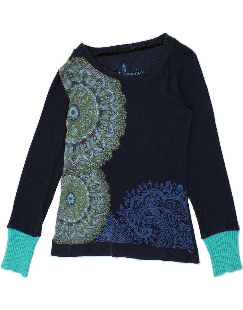 DESIGUAL Womens Graphic Top Long Sleeve UK 12 Medium Navy Blue Patchwork | Vintage Desigual | Thrift | Second-Hand Desigual | Used Clothing | Messina Hembry 