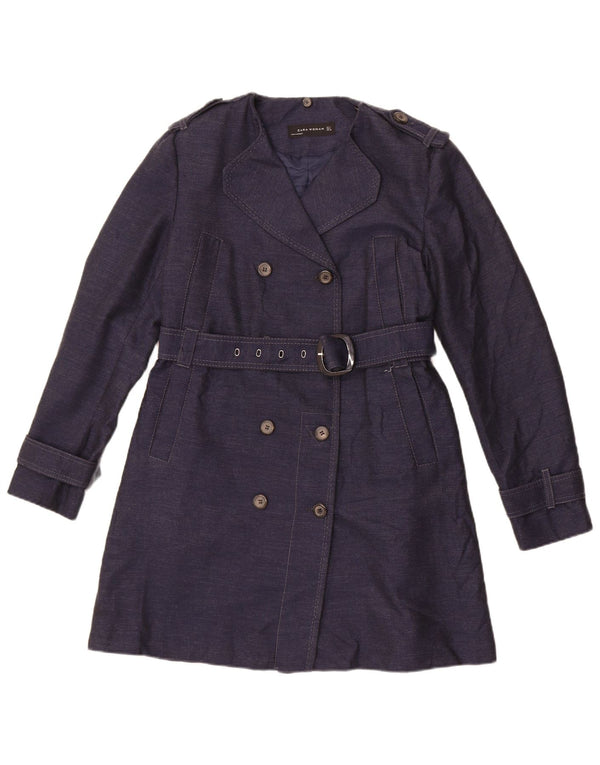 Zara Womens Trench Coat UK 14 Large Navy Blue Cotton